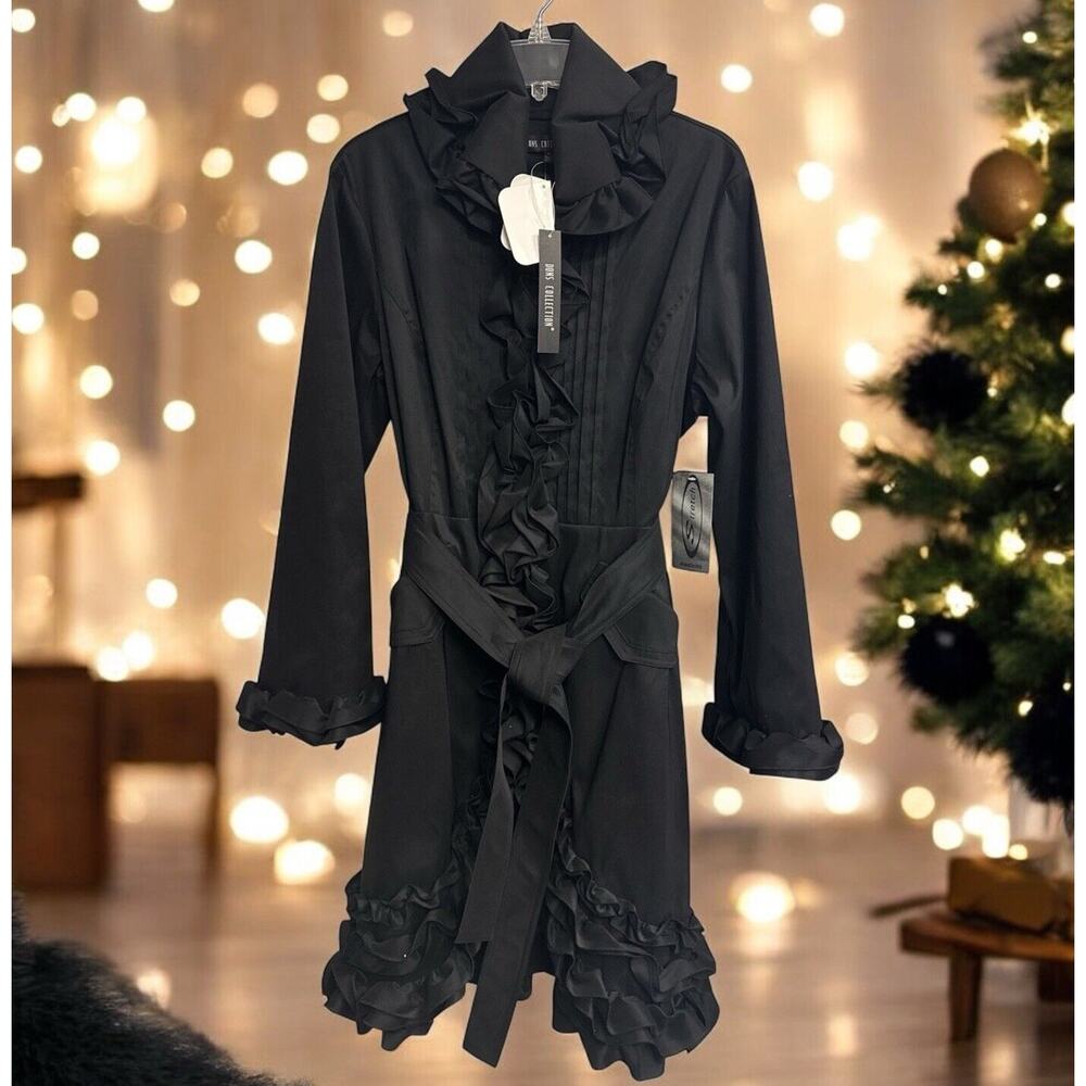 DONS COLLECTION Ruffled GOTHIC Fitted Stretchy‎ Ruffled Trench COAT M Black NWT